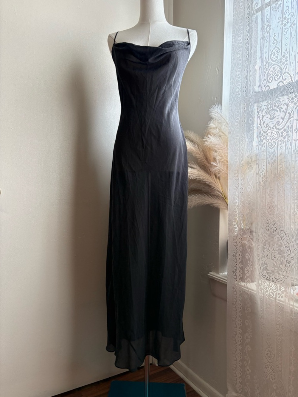 victoria's secret y2k noir sheer silk cowl neckline mesh maxi slip dress